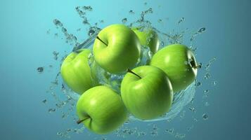 Fresh green apples fall into the water with a splash on blue background. Generative AI photo