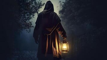 A hooded figure with a lantern searching for something. Generative AI photo