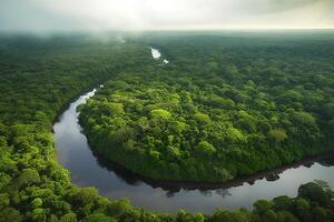 Aerial view of the Amazonas jungle landscape with river bend. Generative AI photo