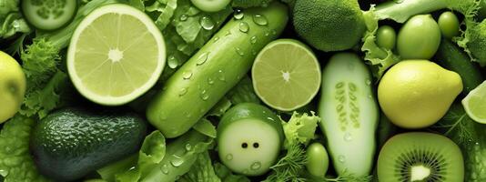 Banner layout of green fruits and vegetables. Generative AI. photo