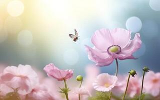 Fresco primavera Mañana en naturaleza y revoloteando mariposas en un suave verde antecedentes. generativo ai foto