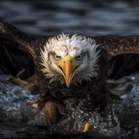 Fishing Bald Eagle, a bald eagle facing camera catches a fish out of the water, in the style of National Geographic contest winner, super telephoto close up. AI Generative photo