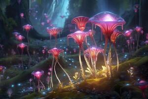 A bioluminescent alien crystal forest with flowers, bioluminescent carnivorous plants, AI Generative photo