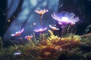 A bioluminescent alien crystal forest with flowers, bioluminescent carnivorous plants, AI Generative photo