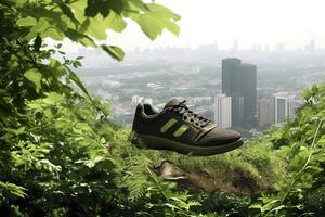 A photo was taken shoe with greenery and city , Carbon Footprint concept. AI Generative