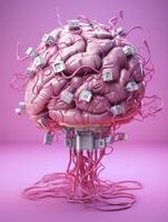 Big pink human brain with many audio jack cables plugged in this barin, 3d render, AI Generative photo