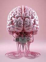 Big pink human brain with many audio jack cables plugged in this barin, 3d render, AI Generative photo