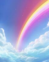 Stunning blue sky panoramic rainbow, big fluffy clouds with a giant arcing rainbow against a beautiful summertime blue sky with copy space for messages. AI Generative photo
