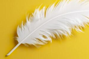 Close up of bright white feather. Copy space, yellow background. Fashion and Party concept. AI Generative photo