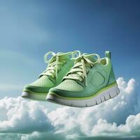 Close up  green sports shoes on a blue sea level with blue sky and white clouds bright light background. Creative advertisement. AI Generative photo