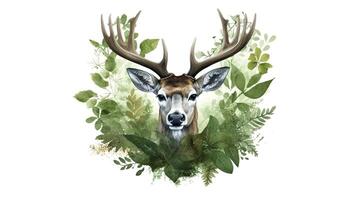 Illustration of a deer with green leaves, white background. AI Generative photo