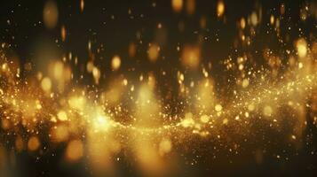 resumen lujo oro antecedentes con oro partículas Brillantina Clásico luces antecedentes. Navidad dorado ligero brillar partículas bokeh en oscuro antecedentes. oro frustrar textura. día festivo. ai generativo foto