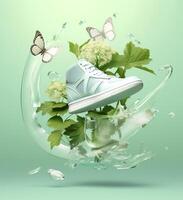 Fresh fly running shoes in water and wind in the style of natural patterns light white and light indigo ethereal illustration light blue and light green delicate still life. AI Generative photo