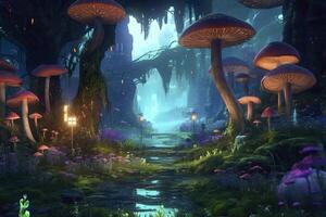 the forest is lit up with mushrooms and flowers, in the style of realistic fantasy artwork, fantastical street, dark emerald and light cyan, AI Generative photo