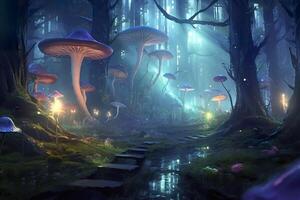 the forest is lit up with mushrooms and flowers, in the style of realistic fantasy artwork, fantastical street, dark emerald and light cyan, AI Generative photo