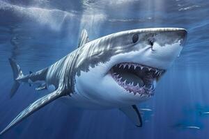 The King of the Ocean, The Great White male shark Hunter underwater view, Guadalupe island, Mexico. AI Generative photo