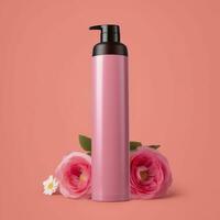 Amazon Product Picture Body Wash, Cylinder Bottle Solid Color pink background, with roses, AI Generative photo