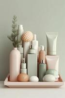 Pastel Skincare Products Arranged in a White Bathroom. Barbiecore Bright Palette Makeup Banner. AI Generative photo