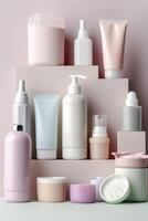 Pastel Skincare Products Arranged in a White Bathroom. Barbiecore Bright Palette Makeup Banner. AI Generative photo