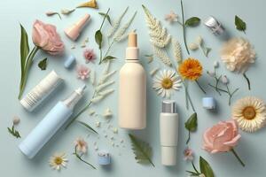 Fresco floral protección de la piel concepto. parte superior ver plano laico de bomba botella, pipeta, crema botellas, y tubos con flores en pastel azul antecedentes con un vacío circulo para texto o marca. ai generativo foto