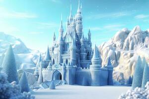 linda azul magia hielo castillo. fantasía Nevado paisaje. invierno castillo en el montaña, invierno bosque. ai generativo foto