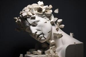 Broken ancient greek statue head falling in pieces. Broken marble sculpture, cracking bust, concept of depression, memory loss, mentality loss or illness. AI Generative photo