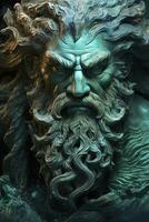 The gods of the sea Zeus god Necronomicon gods of the sea god, futuristic, sci-fi elements, dark bronze and light azure, close up, AI Generative photo