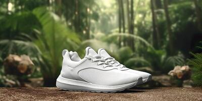 White Blank Sports shoes Mockup with natural theme background. AI Generative photo