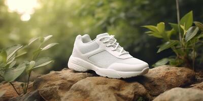 White Blank Sports shoes Mockup with natural theme background. AI Generative photo