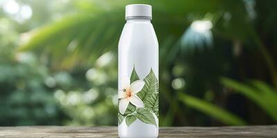 White Blank bottle Mockup with natural theme background. AI Generative photo