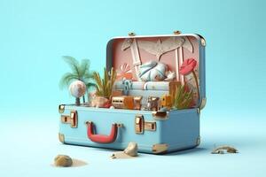 Creative Summer Beach Composition in Suitcase on Blue Background, A Travel Concept Idea in 3D Rendering. AI Generative photo