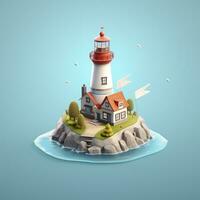 A Lighthouse on a Blue Sea with a Cute Cartoon Island. AI Generative photo
