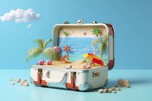 Creative Summer Beach Composition in Suitcase on Blue Background, A Travel Concept Idea in 3D Rendering. AI Generative photo