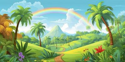 A Cartoon Children Page with a Rainbow and Palm Trees. A Fun and Educational Adventure. AI Generative photo