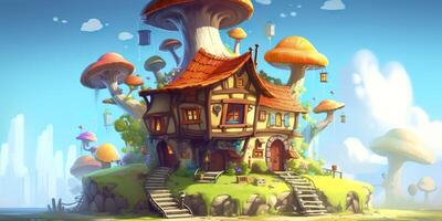 Cute Cartoon Fantasy Home on a Sunny Day. AI Generative photo