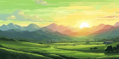 A Cartoony Landscape of a Green Field and Mountains. AI Generative photo