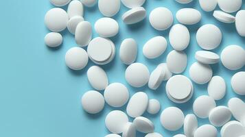 parte superior ver blanco medicina tabletas antibiótico pastillas en un suave azul fondo, Copiar espacio, farmacia tema, ai generativo foto