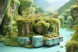 Surreal 3D Landscape Illustration of a Forest River with Luggage in Light Green and Light Blue. AI Generative photo