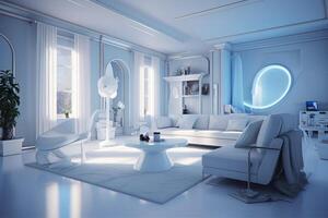 A professional and eye catching light blue with white living room in the metaverse.  AI Generative photo