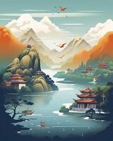 Whimsical Cartoons of Green Mountains in the Sky, Traditional Oceanic Art, Translucent Water, and Majestic Ports. AI Generative photo