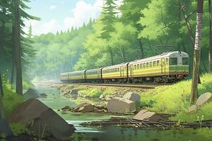 bosque arboles y río ferrocarril en primavera tarde. tren pistas viaje concepto. ai generativo foto