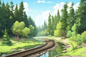 Forest trees and river railroad on spring afternoon. Train tracks travel concept. AI Generative photo
