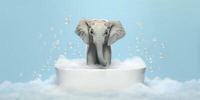 Minimalist Albino Elephant in a Bathtub of Soap Bubbles Against a Cyan Background. AI Generative photo