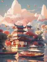 Auspicious Clouds and Yangtze River with Many Boats. A Multi-dimensional Paper Kirigami Craft Illustration in Chinese Traditional Painting Style. AI Generative photo