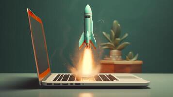 A small rocket takes off from a Laptop with vibrant color combinations in light sky blue and light gray colors for a website, business, and financial success concepts.  AI Generative photo