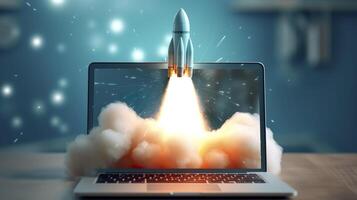 A small rocket takes off from a Laptop with vibrant color combinations in light sky blue and light gray colors for a website, business, and financial success concepts.  AI Generative photo