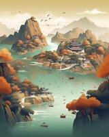 Chinese landscape mapdistant mountains flat illustration. Generative AI photo