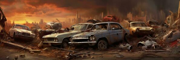 cars World collapse, doomsday scene, digital painting, digital illustration. AI Generative photo