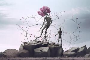 Life and freedom and hope concept , Imagination of surreal scene flower with broken human sculpture, digital artwork illustration. AI Generative photo