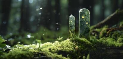 Crystals with moon phases image of moss in a mysterious forest, natural background. Generative AI photo